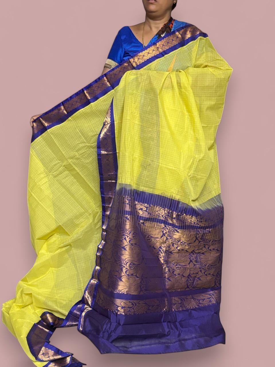 Pure Gadwal Cotton Sari Lemon Yellow Blue Online In Hyderabad