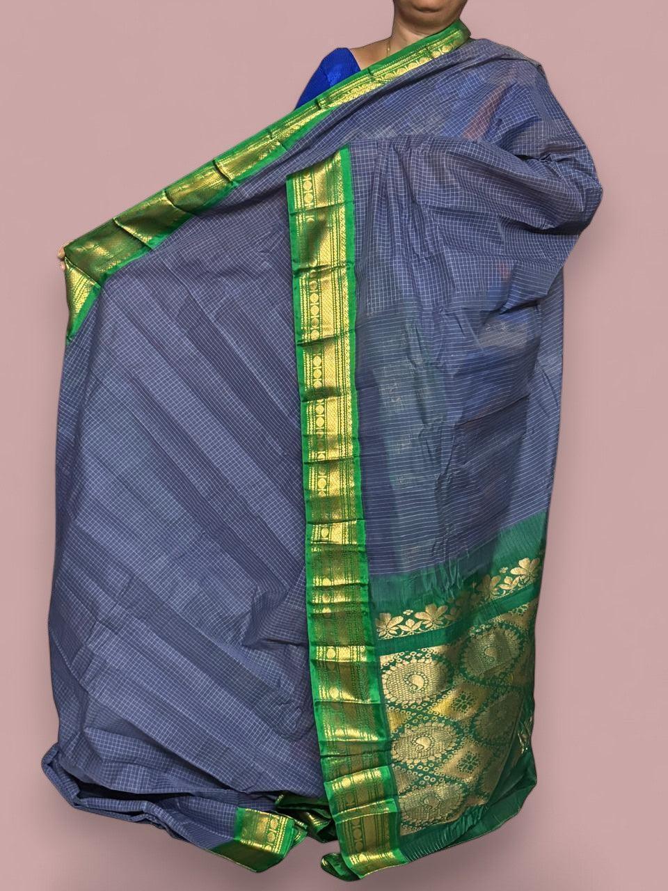 Pure Gadwal Cotton Sari Gray Green Online In Hyderabad