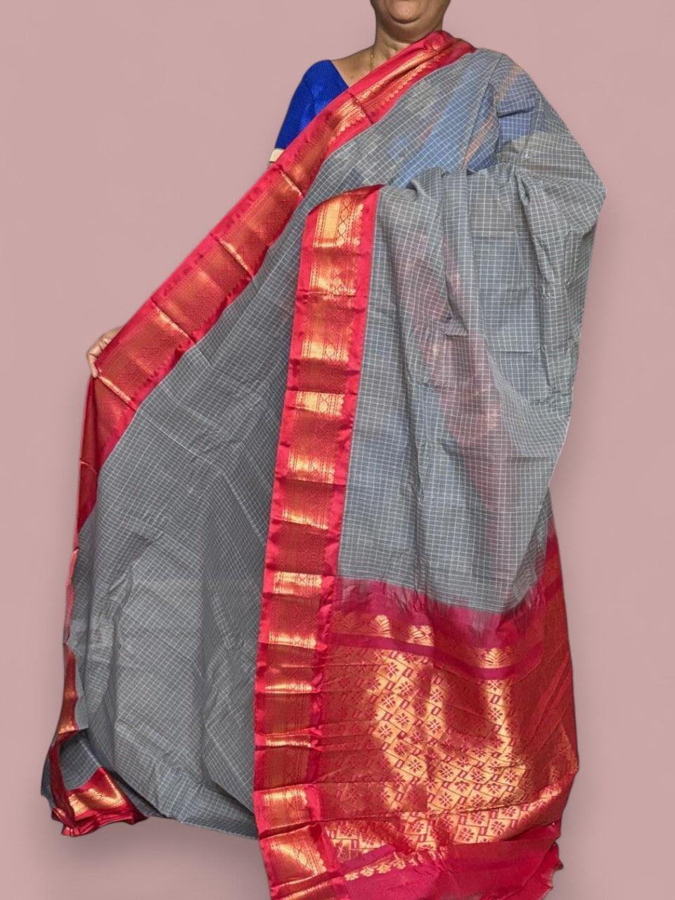 Pure Gadwal Cotton Sari Gray Red Online In Hyderabad