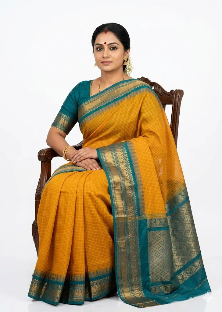 Authentic Mustard Yellow Pure Gadwal Cotton Saree with Teal Zari Border (Without Blouse) - pochampallysarees.com