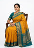 Authentic Mustard Yellow Pure Gadwal Cotton Saree with Teal Zari Border (Without Blouse) - pochampallysarees.com