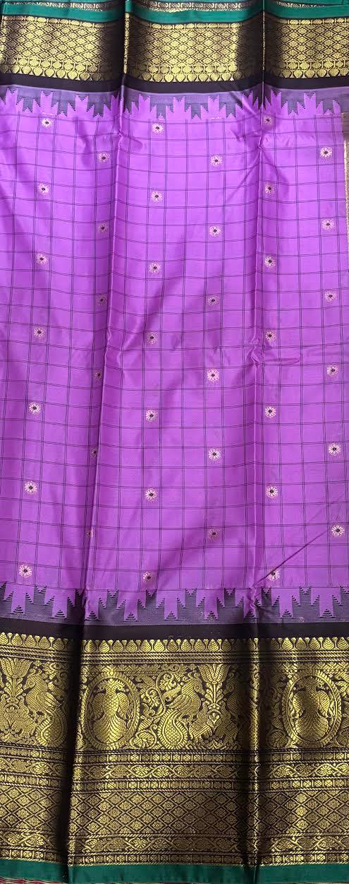 PURE GADWAL SILK PINK BODY BUTTI CHOCOLATE PALLU BLUE BIG BORDER AND BLOUSE BLUE SAREE - pochampallysarees.com