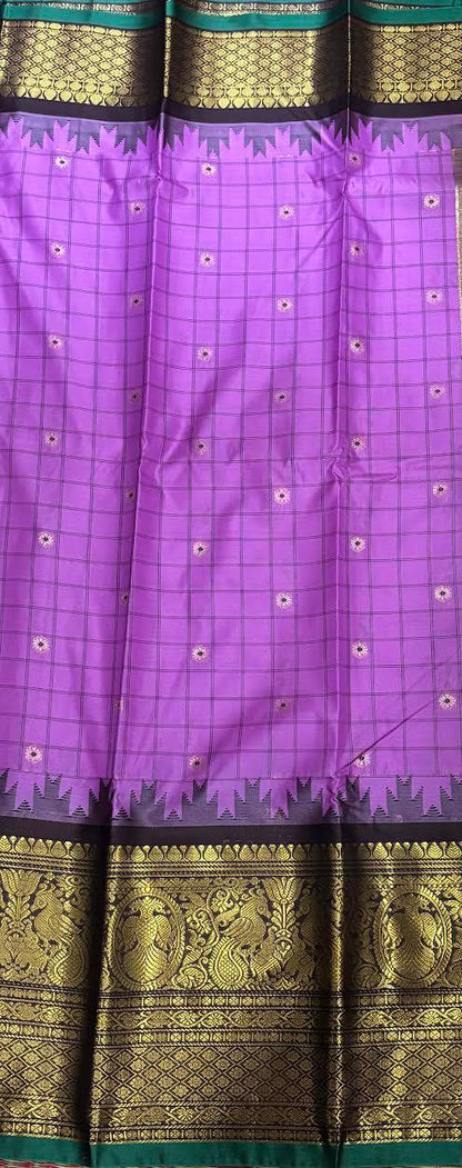 PURE GADWAL SILK PINK BODY BUTTI CHOCOLATE PALLU BLUE BIG BORDER AND BLOUSE BLUE SAREE - pochampallysarees.com