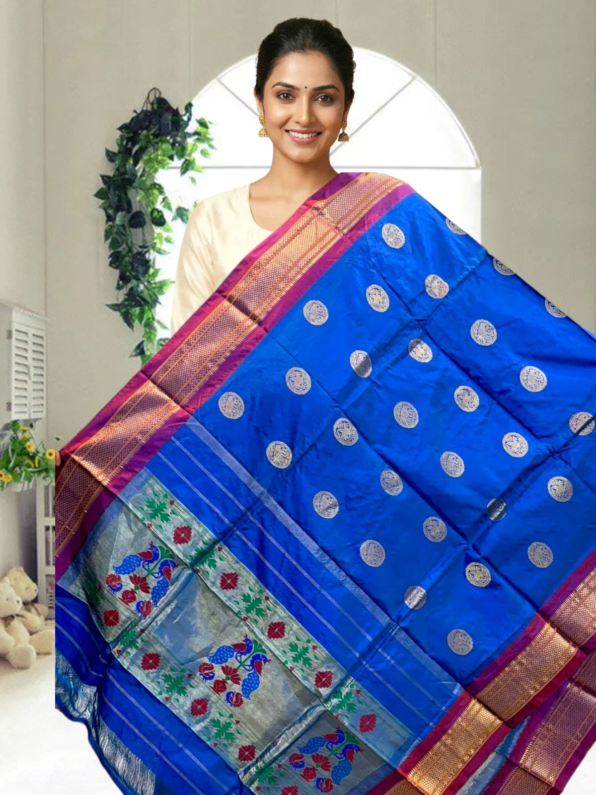 Authentic Gadwal Silk Dupatta with Silk Mark | Hand-Loomed Royal Blue &amp; Magenta Silk Stole - pochampallysarees.com