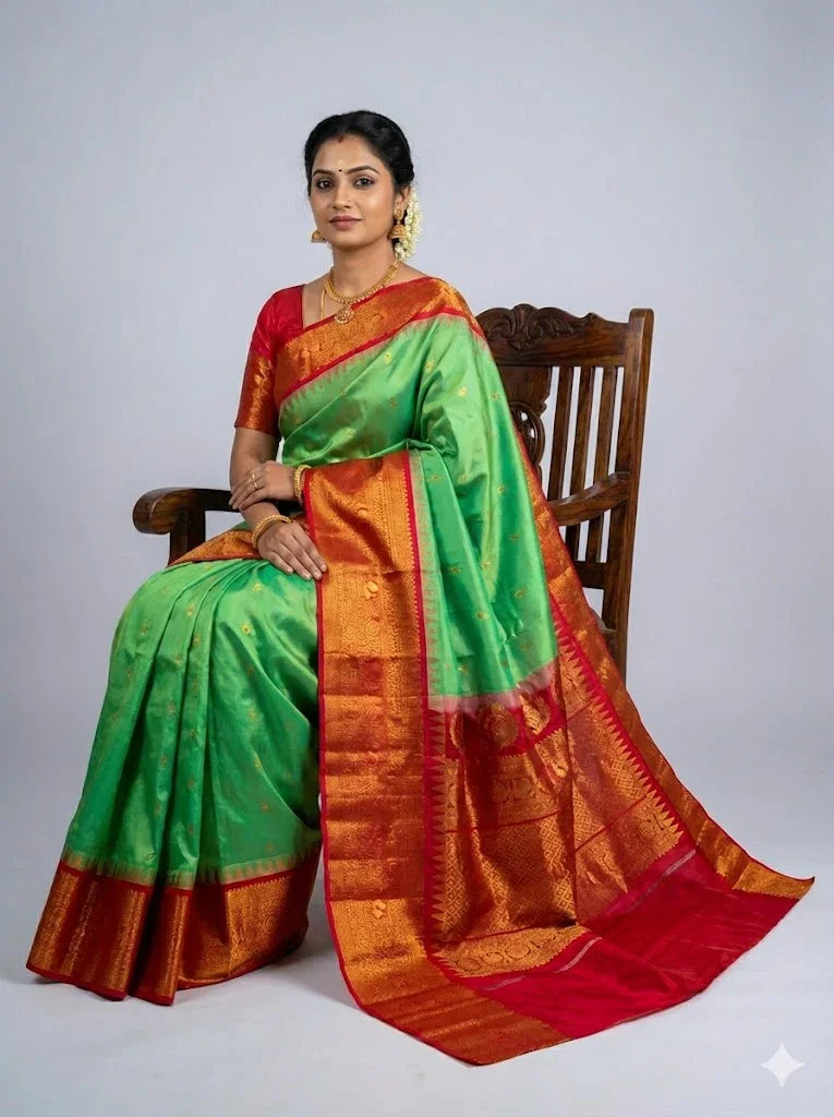 Traditional Pure Gadwal Silk Saree - Vibrant Green &amp; Red with Rich Gold Zari Pallu - pochampallysarees.com