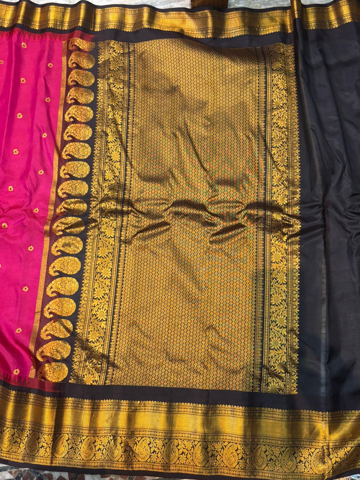 Authentic Pure Gadwal Silk Saree - Radiant Pink with Black &amp; Gold Zari Border | Traditional Wedding &amp; Festive Wear - pochampallysarees.com