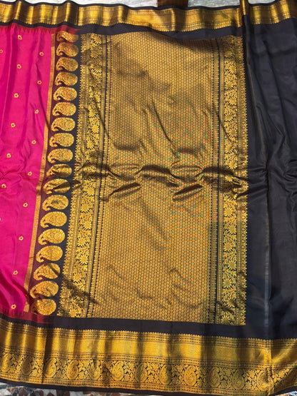 Authentic Pure Gadwal Silk Saree - Radiant Pink with Black &amp; Gold Zari Border | Traditional Wedding &amp; Festive Wear - pochampallysarees.com