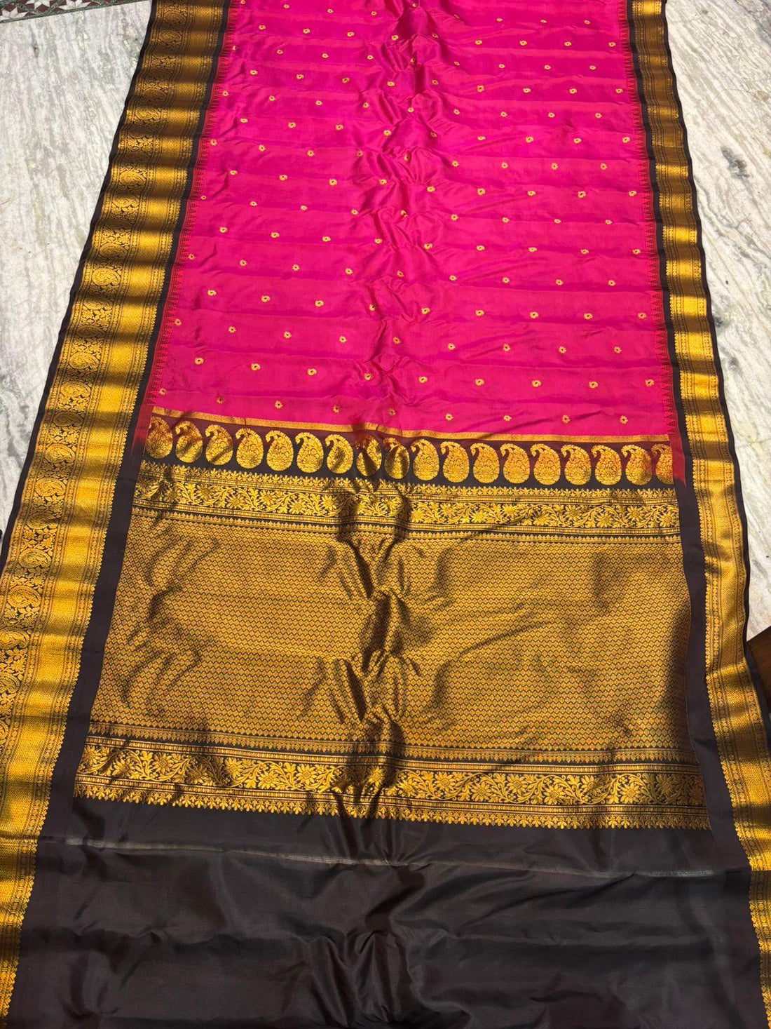 Authentic Pure Gadwal Silk Saree - Radiant Pink with Black &amp; Gold Zari Border | Traditional Wedding &amp; Festive Wear - pochampallysarees.com