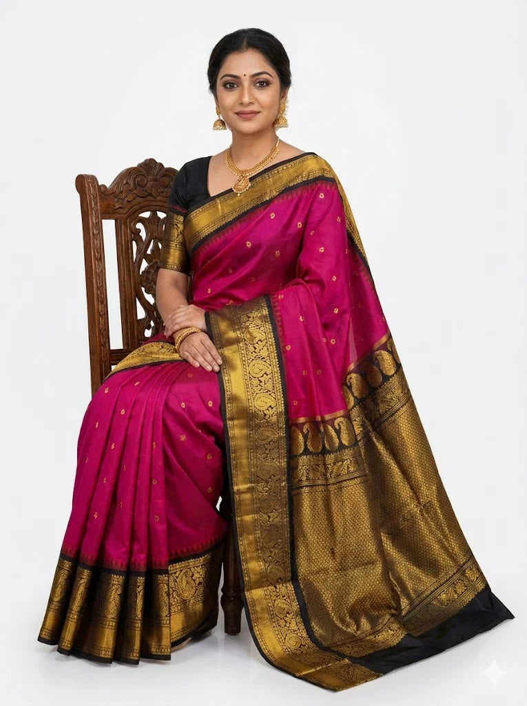 Authentic Pure Gadwal Silk Saree - Radiant Pink with Black &amp; Gold Zari Border | Traditional Wedding &amp; Festive Wear - pochampallysarees.com