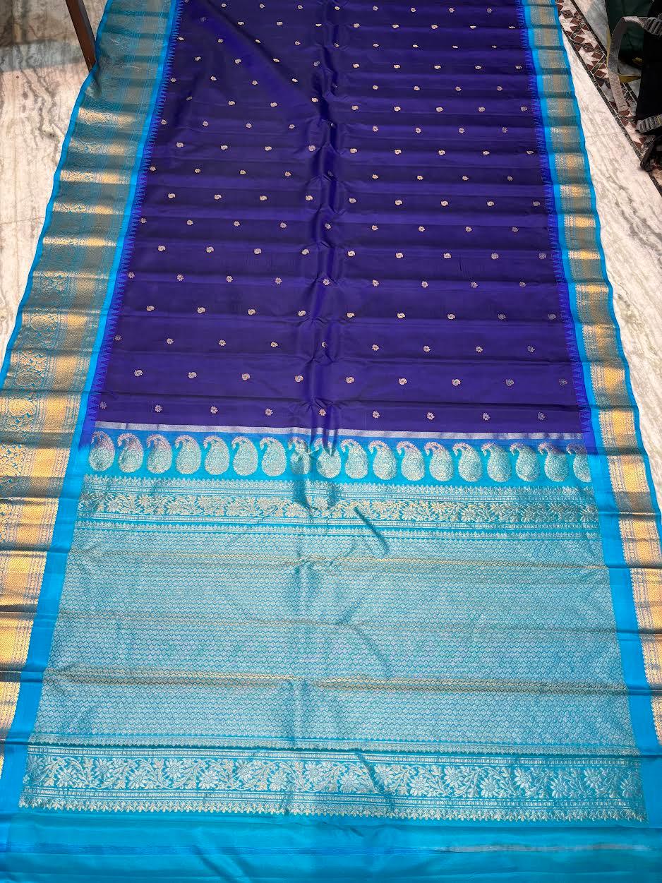 Pure Gadwal Silk Saree in Royal Blue &amp; Turquoise | Rich Gold Zari Kuttu Border with Mango Motifs | Traditional Handloom Pattu Saree - pochampallysarees.com