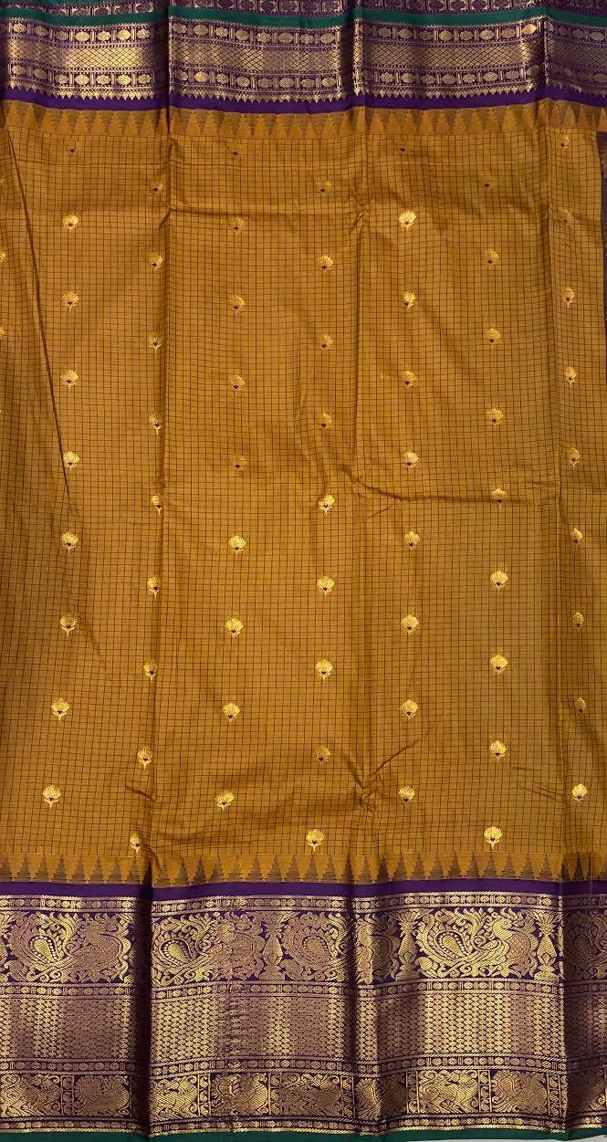 PURE GADWAL SILK BROWN BODY BUTTI CHOCOLATE PALLU BLUE BIG BORDER AND BLOUSE BLUE SAREE - pochampallysarees.com