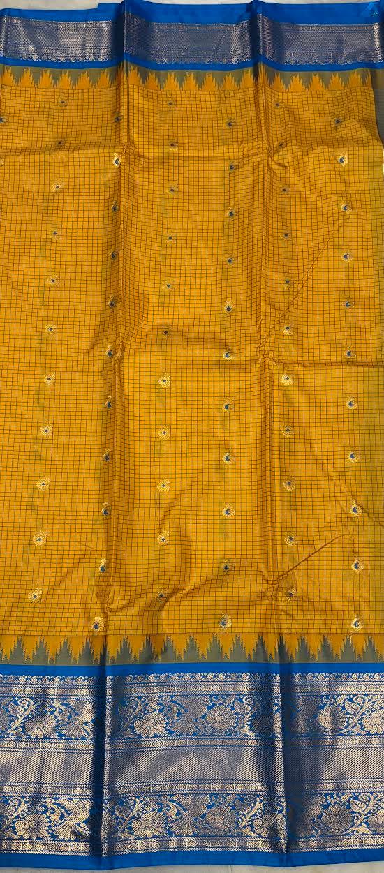 PURE GADWAL SILK YELLOW BODY BUTTI BROWN PALLU BLUE BIG BORDER AND BLOUSE BLUE SAREE - pochampallysarees.com