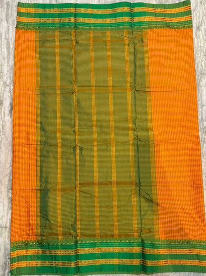 Authentic Mango Yellow &amp; Emerald Green Gadwal Silk Saree | Checkered Handloom Saree with Zari Border - pochampallysarees.com