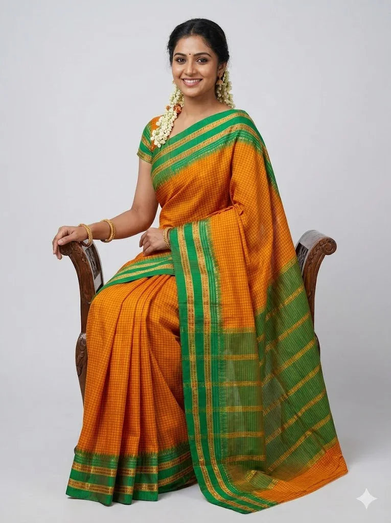 Authentic Mango Yellow &amp; Emerald Green Gadwal Silk Saree | Checkered Handloom Saree with Zari Border - pochampallysarees.com