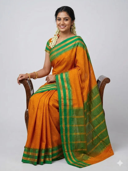 Authentic Mango Yellow &amp; Emerald Green Gadwal Silk Saree | Checkered Handloom Saree with Zari Border - pochampallysarees.com
