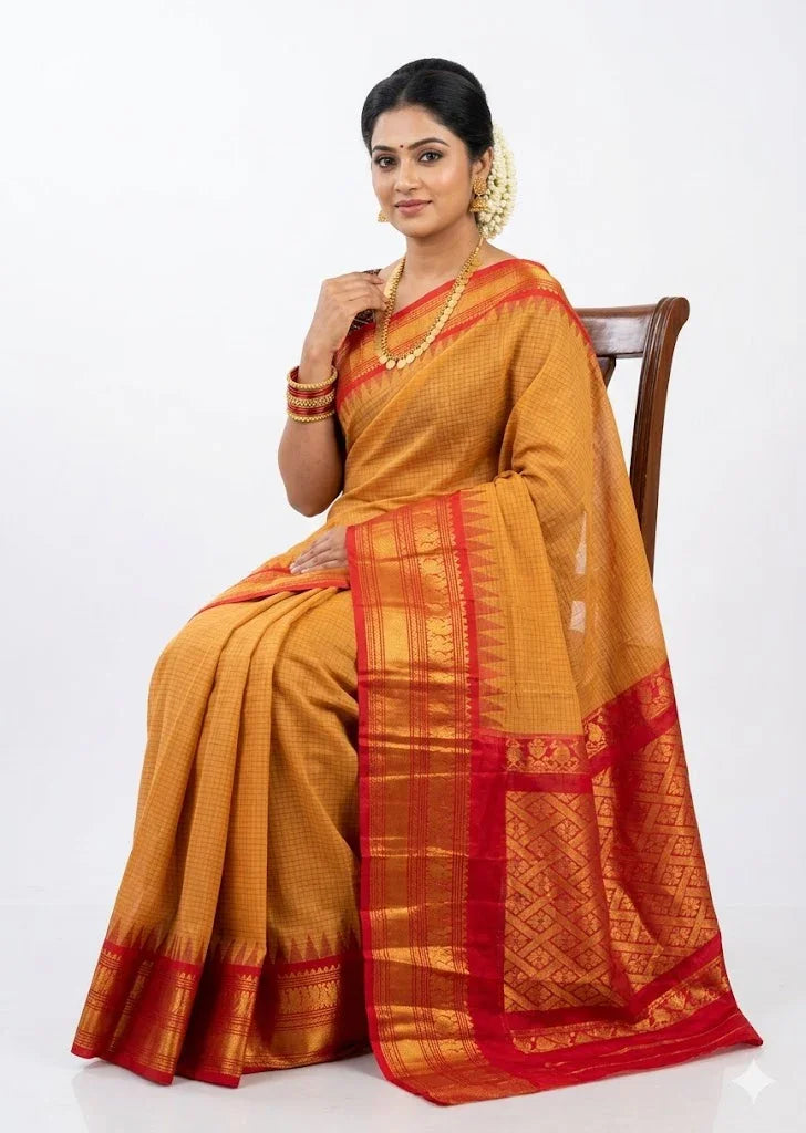Authentic Pure Gadwal Cotton Saree in Mustard Yellow with Crimson Red Zari Temple Border | Traditional Festive Wear - pochampallysarees.com
