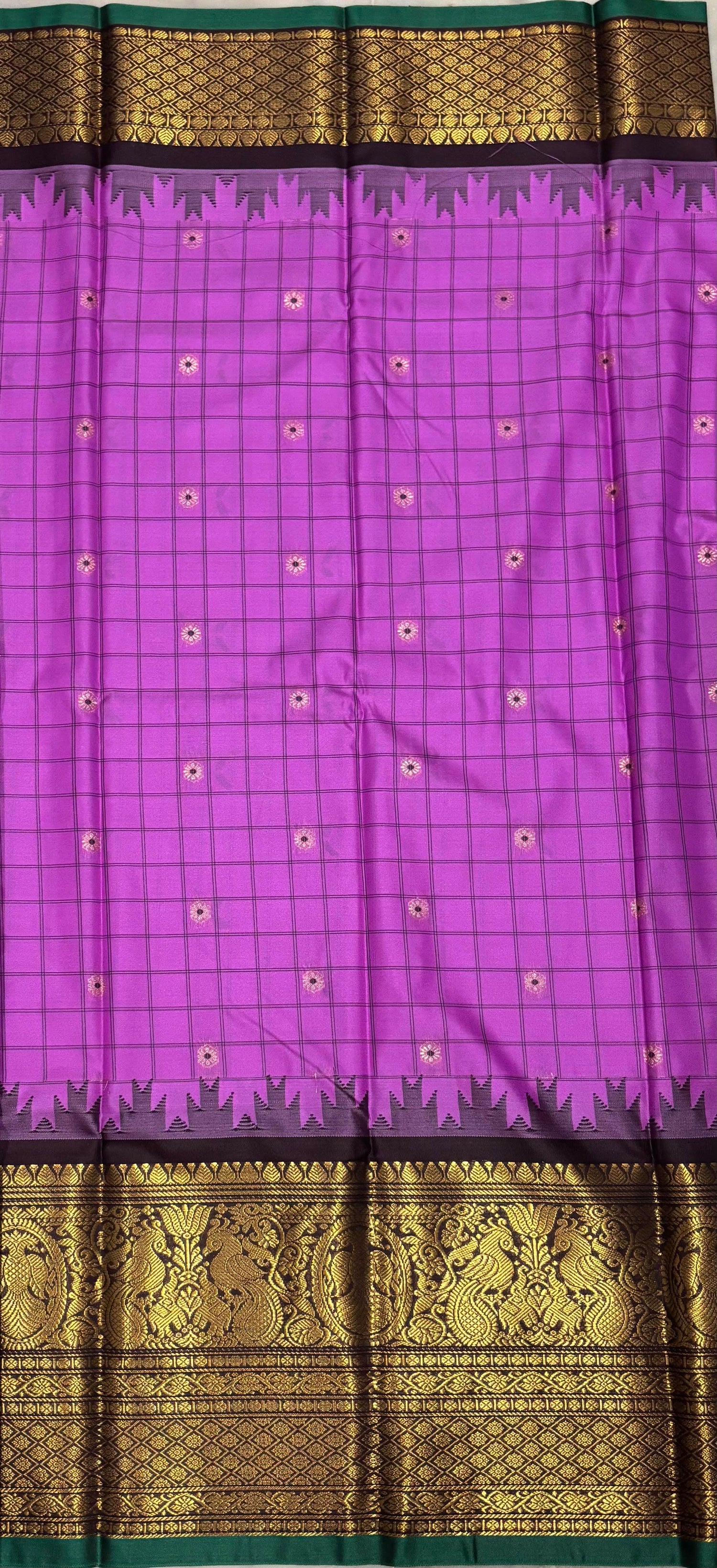 PURE GADWAL SILK PINK BODY BUTTI CHOCOLATE PALLU CHOCOLATE BIG BORDER AND BLOUSE BLUE SAREE - pochampallysarees.com