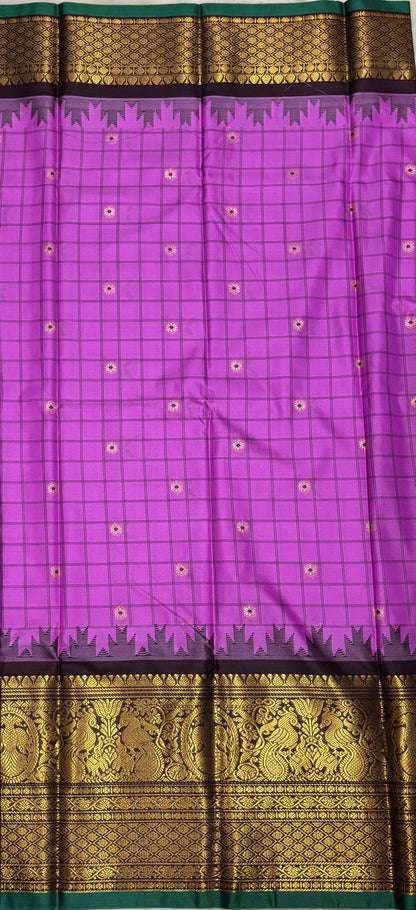 PURE GADWAL SILK PINK BODY BUTTI CHOCOLATE PALLU CHOCOLATE BIG BORDER AND BLOUSE BLUE SAREE - pochampallysarees.com