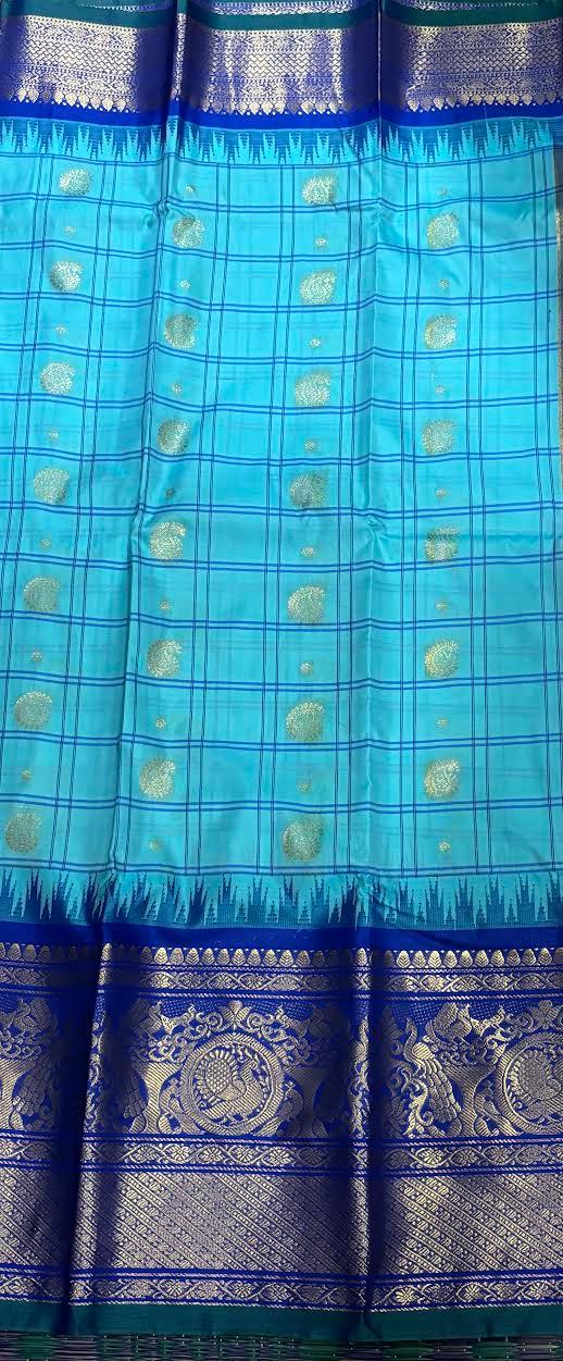 PURE GADWAL SILK LIGHT BLUE BODY BUTTI BLUE PALLU BLUE BIG BORDER AND BLOUSE BLUE SAREE - pochampallysarees.com