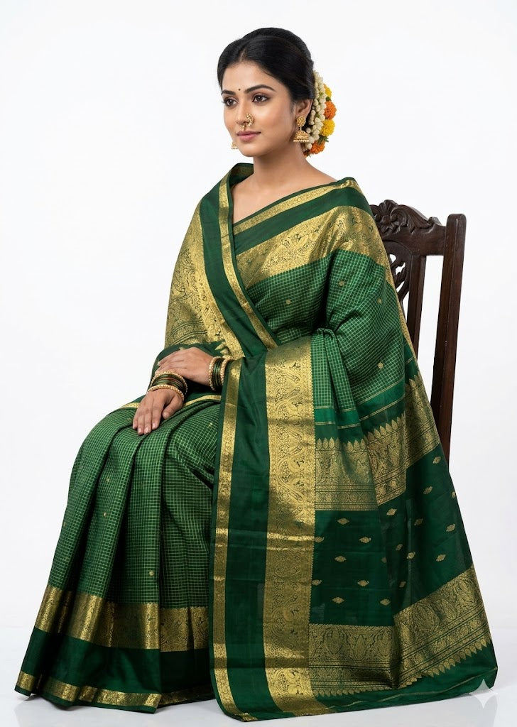 A traditional woman seated on a wooden chair wearing an authentic emerald green Kanchipuram pattu saree featuring gold zari checks and a heavy traditional border, against a white background.