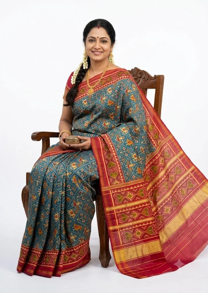 Close-up shot of authentic blue Ikat Real Patola silk saree fabric showing geometric patterns, elephant motifs, and a maroon border.