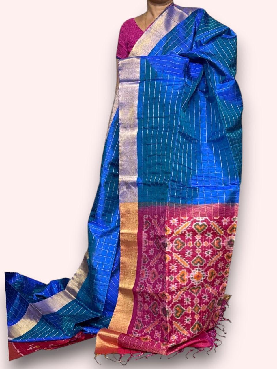 PURE SOFT SILK BLUE WITH PINK SAREE