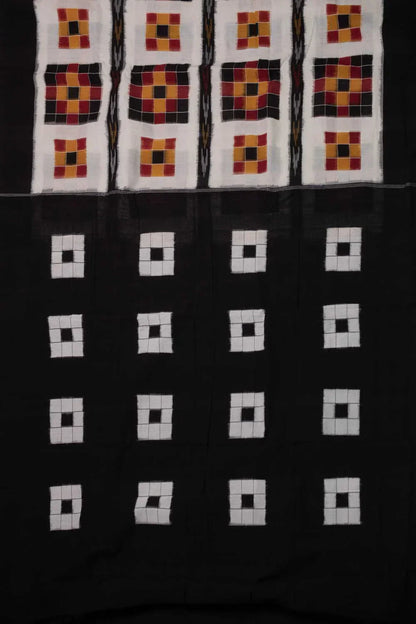 POCHAMPALLY DOUBLE IKKAT COTTON WHITE BODY BORDER BLACK SARI BLOUSE BLACK - pochampallysarees.com