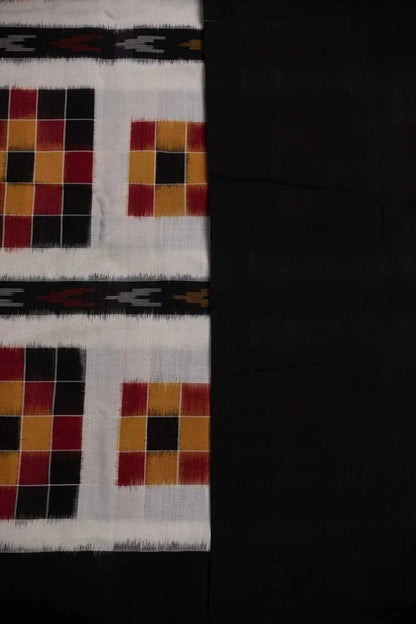 POCHAMPALLY DOUBLE IKKAT COTTON WHITE BODY BORDER BLACK SARI BLOUSE BLACK - pochampallysarees.com