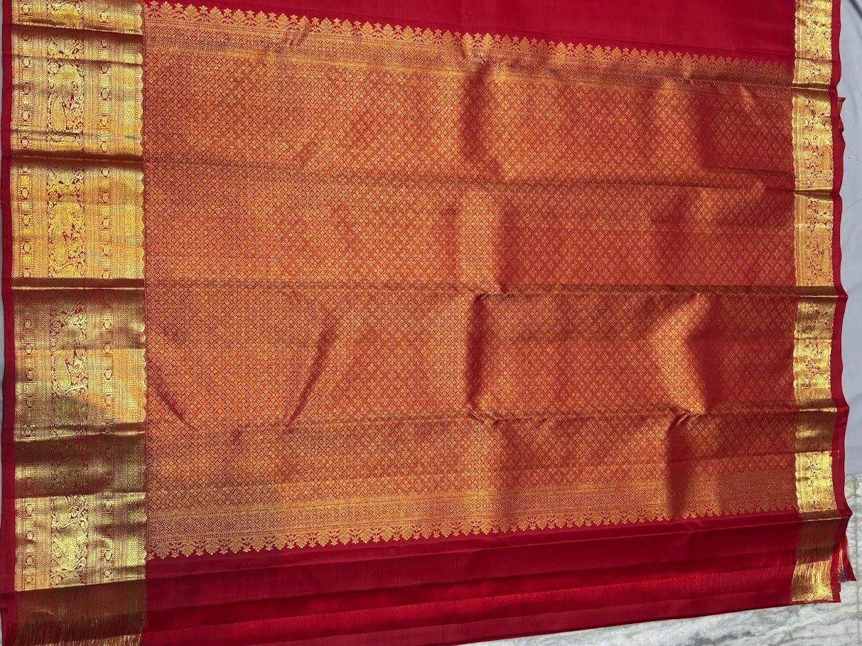 Bridal Red Pure Kanchipuram Silk Saree with Heavy Gold Zari | Silk Mark Certified - pochampallysarees.com