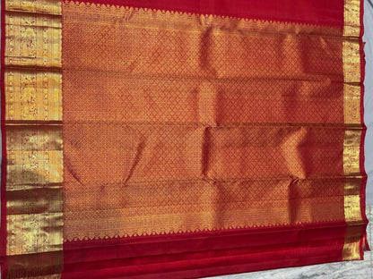 Bridal Red Pure Kanchipuram Silk Saree with Heavy Gold Zari | Silk Mark Certified - pochampallysarees.com