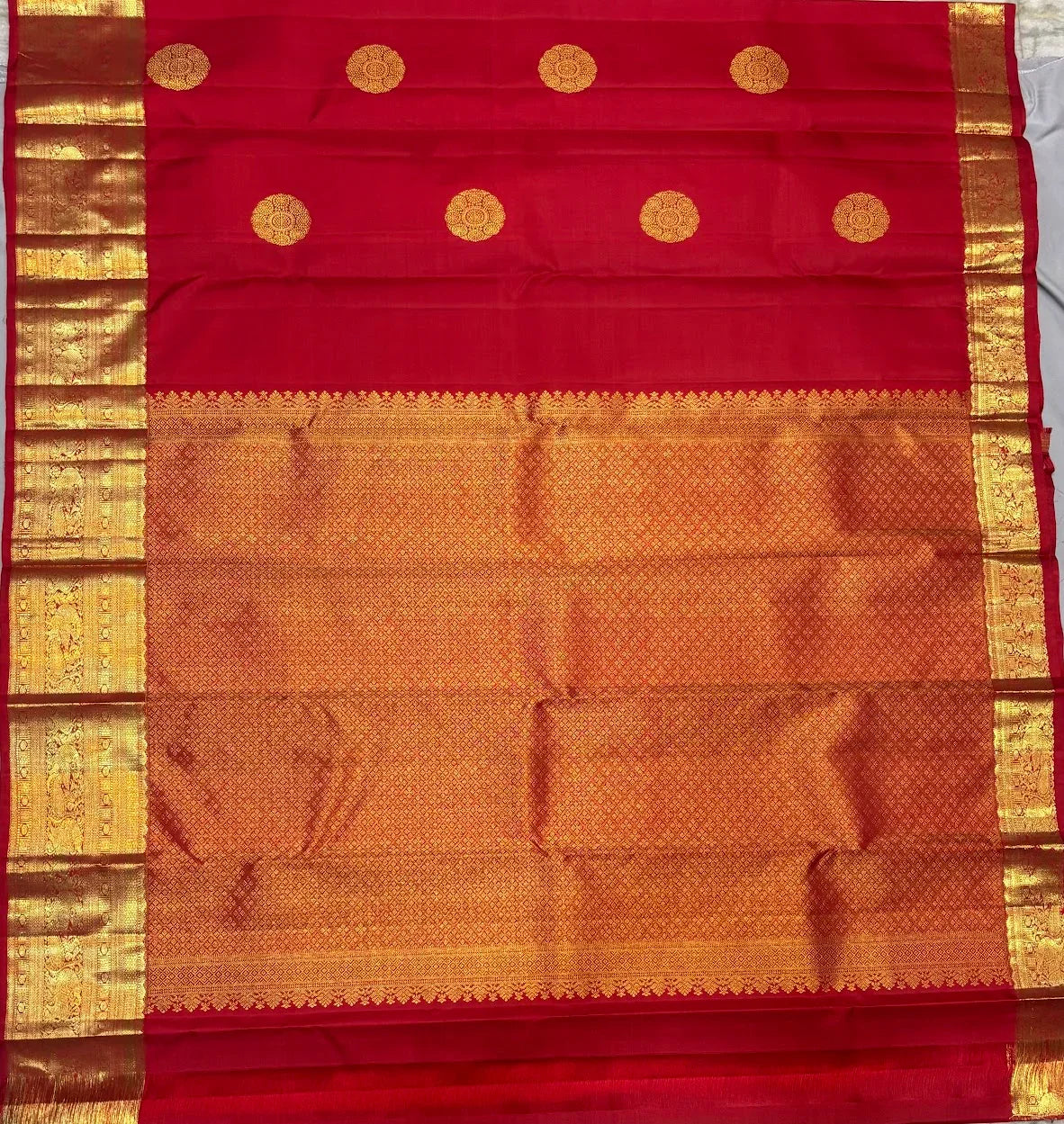Bridal Red Pure Kanchipuram Silk Saree with Heavy Gold Zari | Silk Mark Certified - pochampallysarees.com