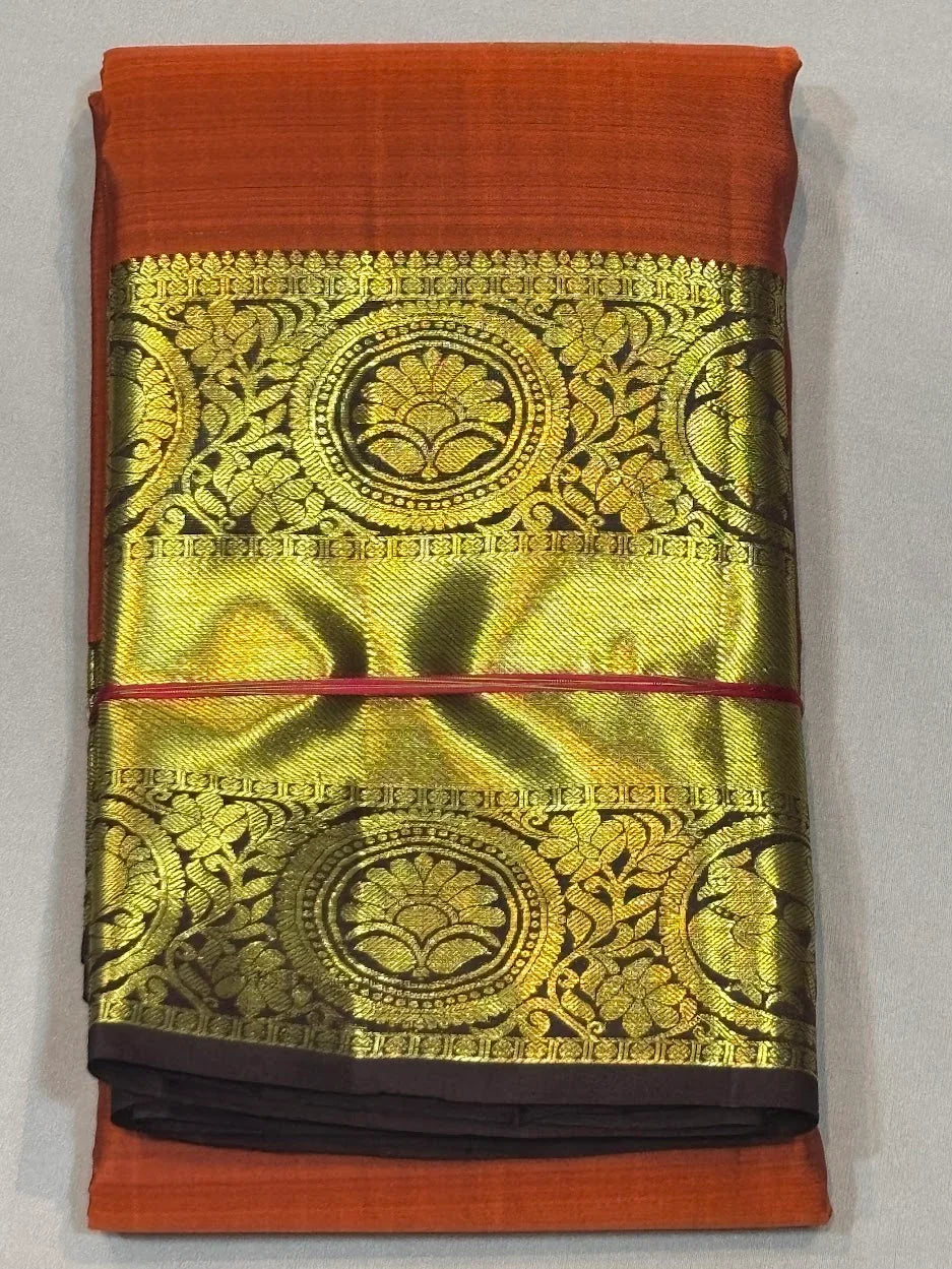 Pure Kanchipuram Pattu Saree with gold zari border in Rust Orange with Contrast Brown Zari Border | Silk Mark Certified - pochampallysarees.com