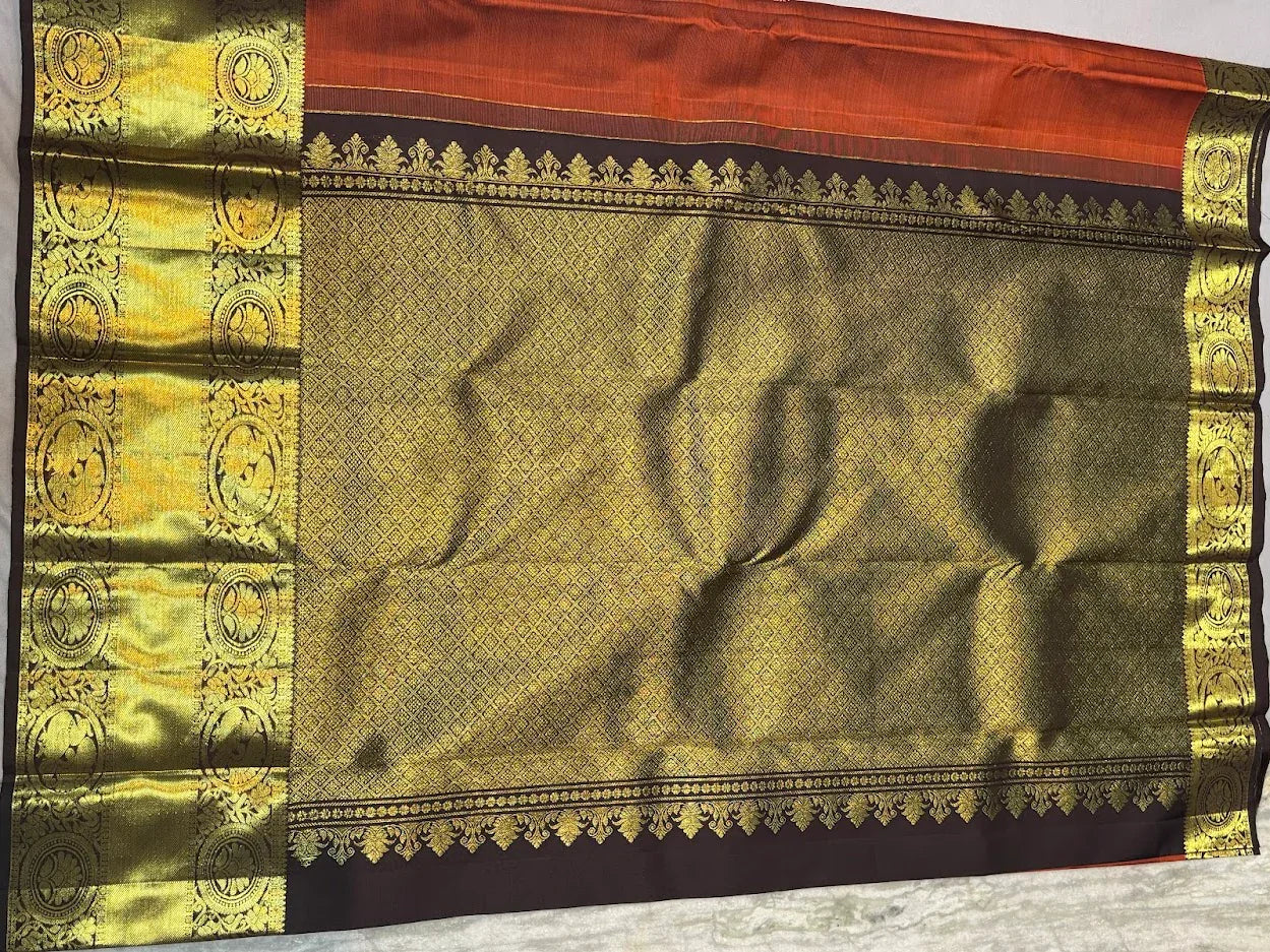 Pure Kanchipuram Silk Saree in Rust Orange with Contrast Brown Zari Border | Silk Mark Certified - pochampallysarees.com