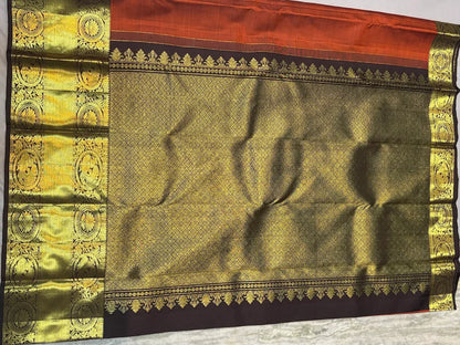 Pure Kanchipuram Silk Saree in Rust Orange with Contrast Brown Zari Border | Silk Mark Certified - pochampallysarees.com