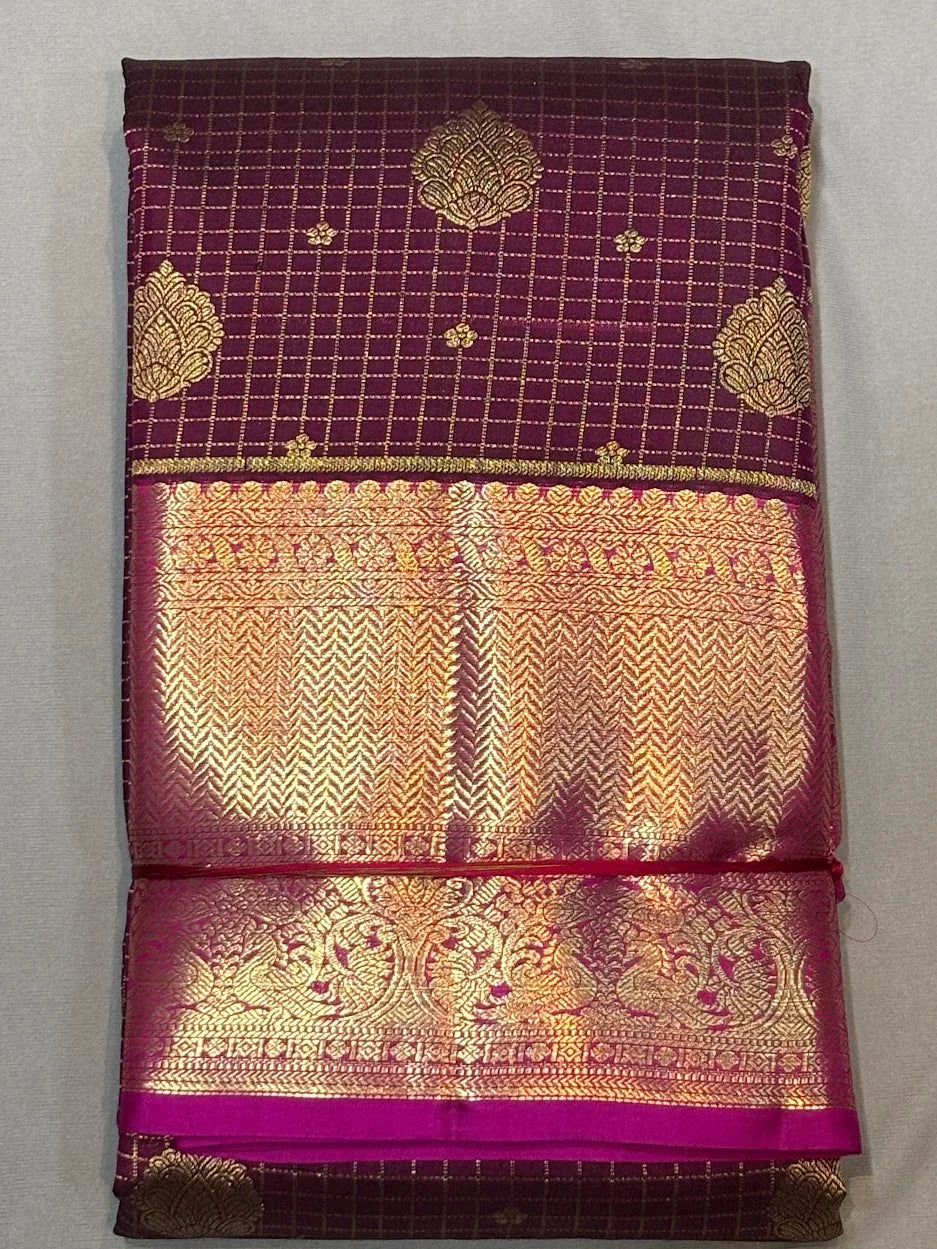Authentic Deep Wine &amp; Magenta Pure Kanchipuram Pattu Saree with gold zari border Checks &amp; Peacock Motifs - pochampallysarees.com