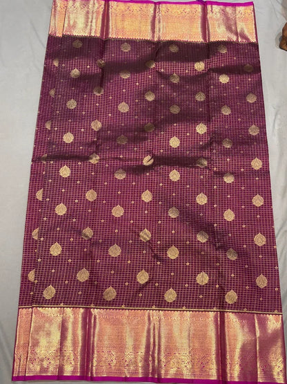 Authentic Deep Wine &amp; Magenta Kanchipuram Silk Saree with Gold Zari Checks &amp; Peacock Motifs - pochampallysarees.com