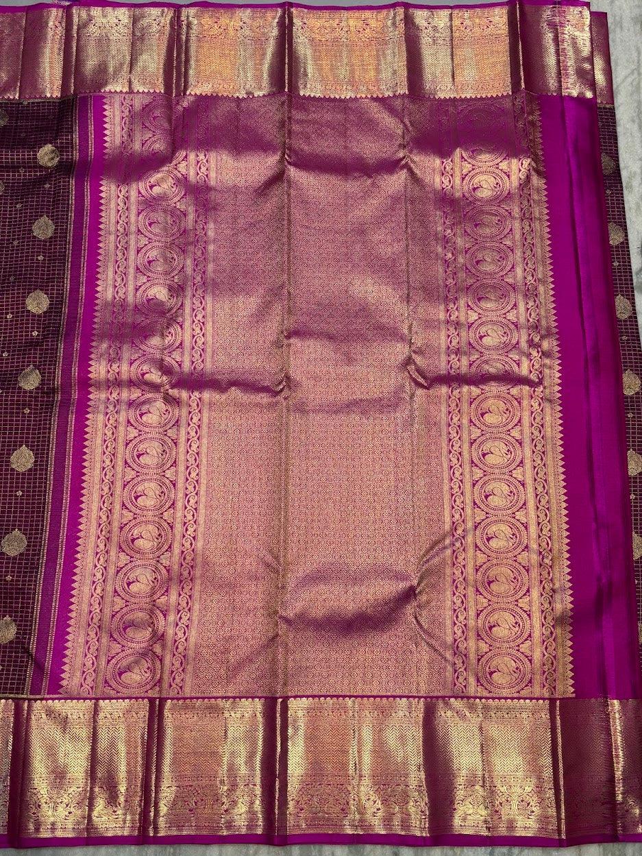 Authentic Deep Wine &amp; Magenta Kanchipuram Silk Saree with Gold Zari Checks &amp; Peacock Motifs - pochampallysarees.com