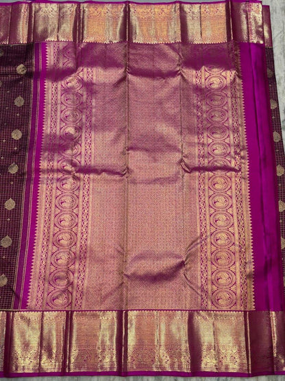 Authentic Deep Wine &amp; Magenta Kanchipuram Silk Saree with Gold Zari Checks &amp; Peacock Motifs - pochampallysarees.com
