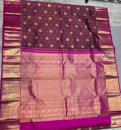Authentic Deep Wine &amp; Magenta Kanchipuram Silk Saree with Gold Zari Checks &amp; Peacock Motifs - pochampallysarees.com