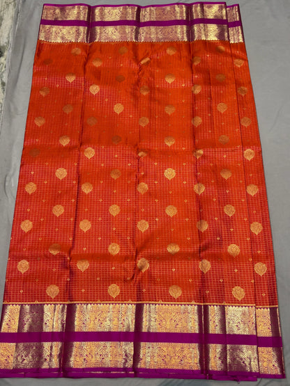 Vibrant Orange Pure Kanchi Pattu Saree with Magenta Gold Zari Border | Traditional Wedding Silk - pochampallysarees.com