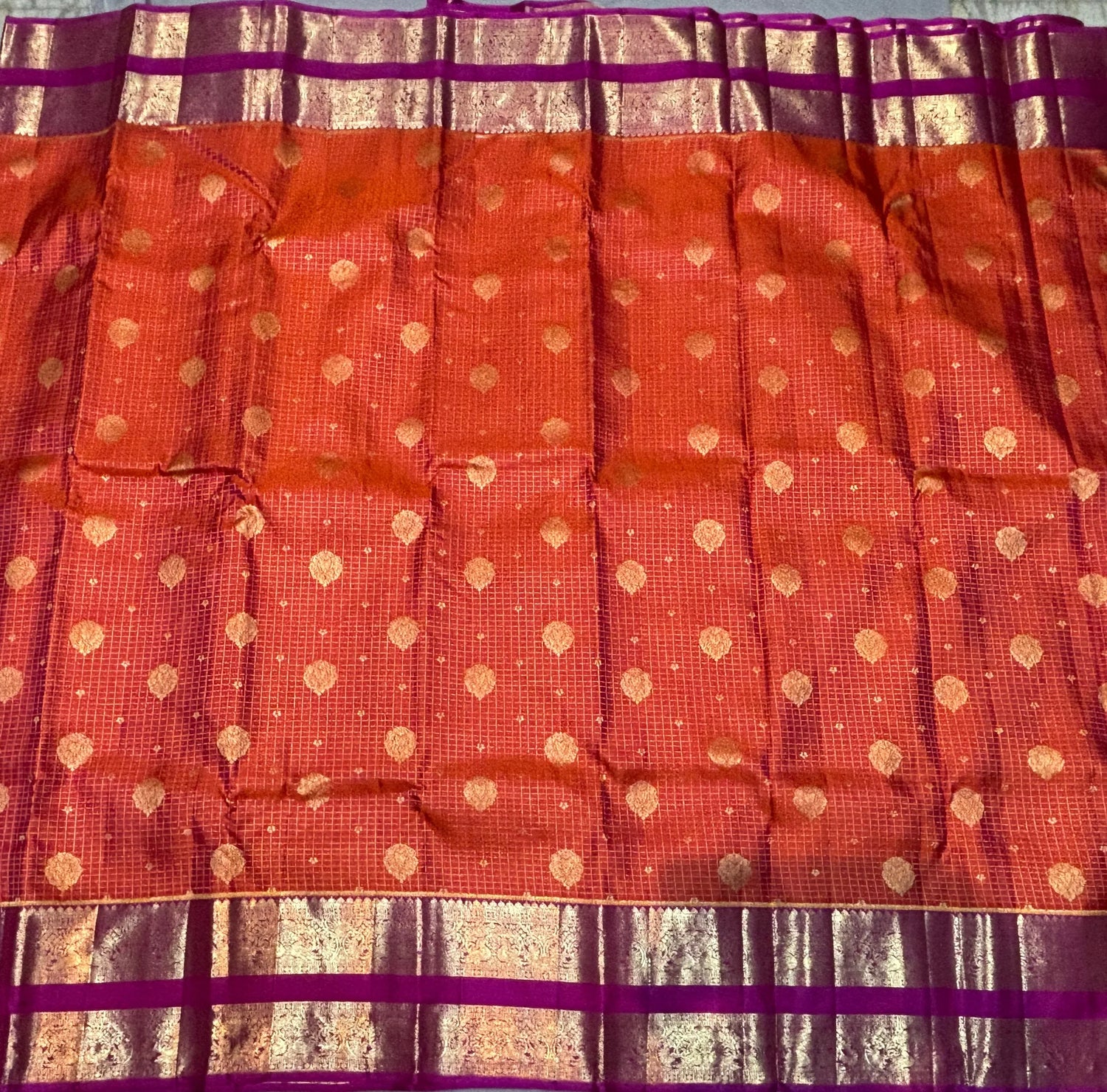 Vibrant Orange Pure Kanchi Pattu Saree with Magenta Gold Zari Border | Traditional Wedding Silk - pochampallysarees.com