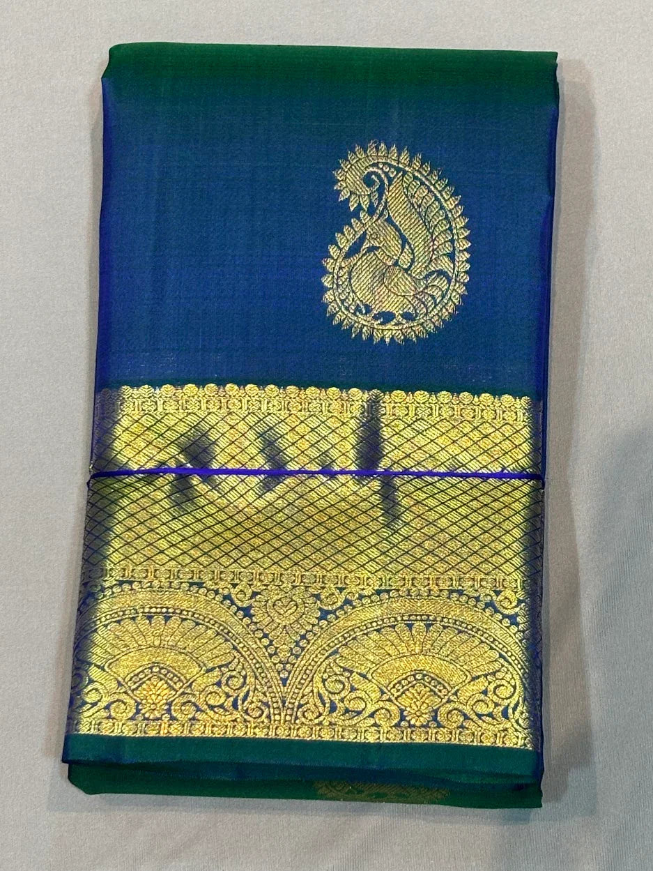 Pure Kanchipuram Pattu Saree with gold zari border in Royal Blue &amp; Green | Silk Mark Certified - pochampallysarees.com