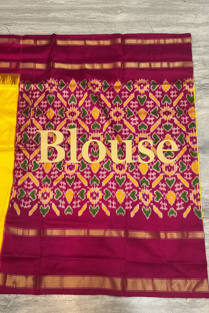 Exquisite Handloom Pochampally Silk Saree in Vibrant Yellow &amp; Deep Pink with Traditional Ikat Patterns - pochampallysarees.com