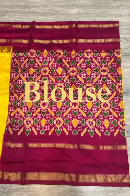 Exquisite Handloom Pochampally Silk Saree in Vibrant Yellow &amp; Deep Pink with Traditional Ikat Patterns - pochampallysarees.com