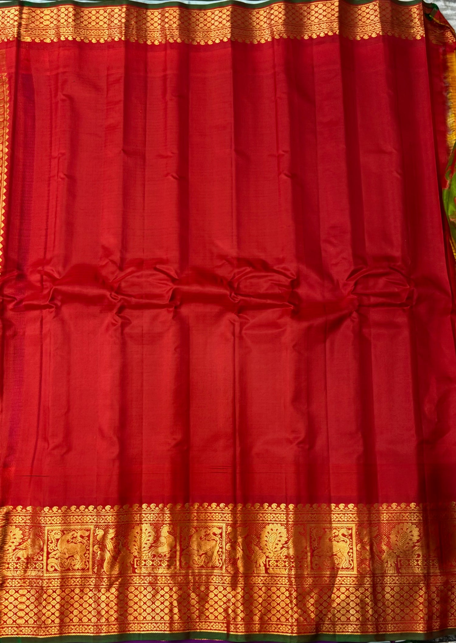 Pure Gadwal Silk Saree in Mustard Yellow Checks with Rich Red Zari Border - pochampallysarees.com