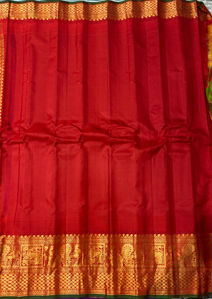 Pure Gadwal Silk Saree in Mustard Yellow Checks with Rich Red Zari Border - pochampallysarees.com