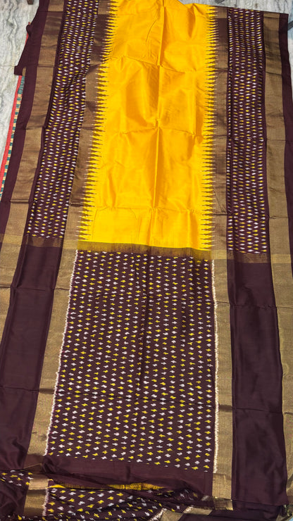 Yellow &amp; Chocolate Pure Ikkat Silk Saree