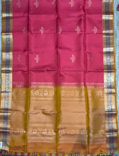 Kanchi Soft Silk Saree in Rani Pink with Mustard Yellow Border and Blouse | Silk Mark