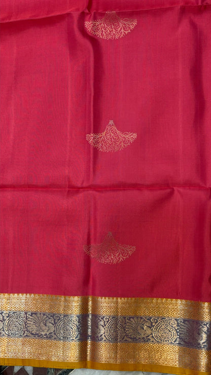 Kanchi Soft Silk Saree in Rani Pink with Mustard Yellow Border and Blouse | Silk Mark