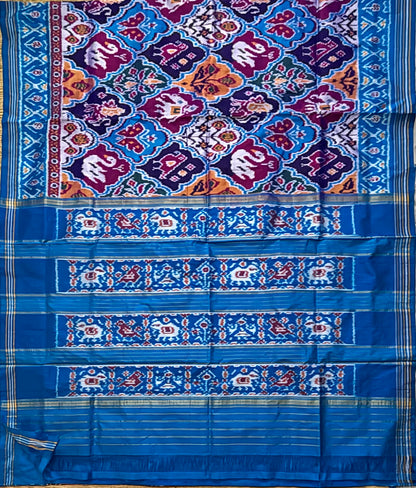 Royal Blue &amp; Maroon Patola-Inspired Ikat Silk Saree with Traditional Elephant Motifs - pochampallysarees.com